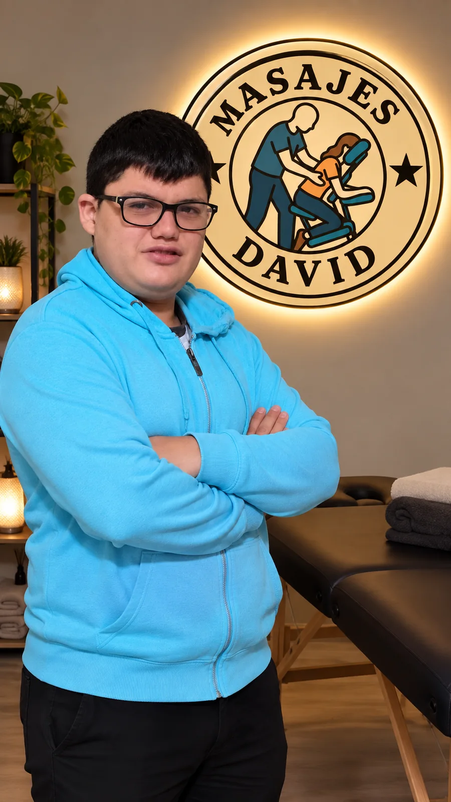 David Puebla de brazos cruzados junto al letrero luminoso de Masajes David